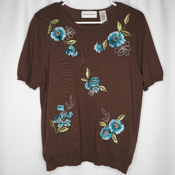 Vtg Embroidered Sweater Medium Floral Short Sleeve Brown Teal Nylon Stretch Knit - Picture 1 of 4